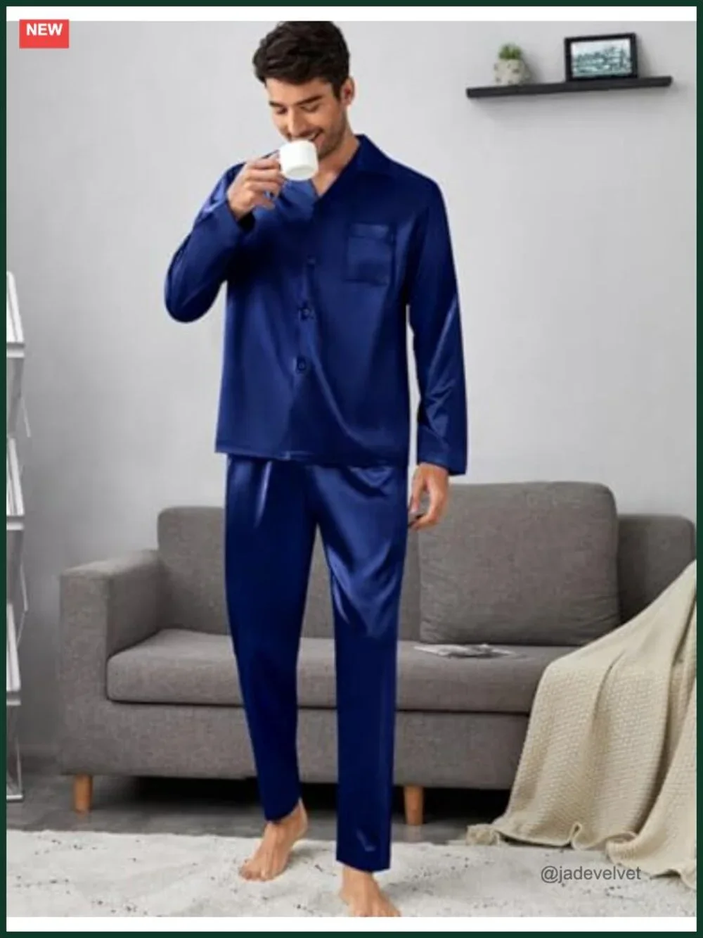 Men's Silk Satin Pajama Set Long Sleeve Button Down Sleepwear 2 Pcs